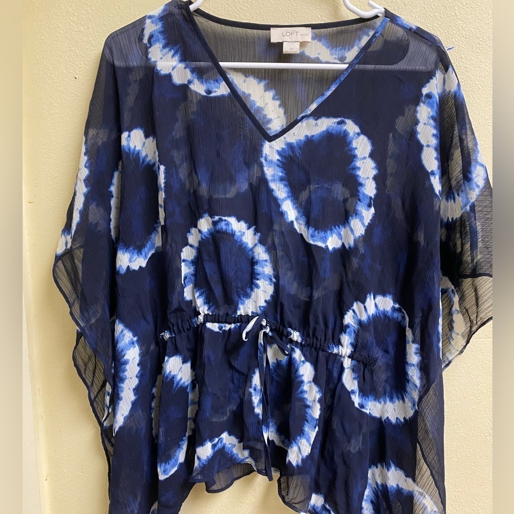 Ann Taylor LOFT SP Boho Tie Dye Hipster Kaftan Tunic Cover Up Top Blouse Blue